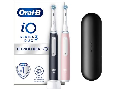 (Faltan cabezales) Oral-B iO 3, Cepillos Eléctricos (Pack de 2) con Cabezales y Estuche de Viaje - Negro y Rosa Embalaje Deteriorado Discount