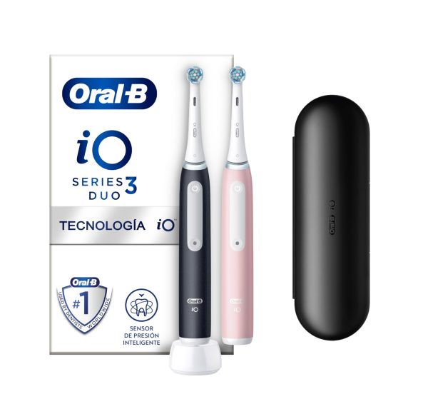 (Faltan cabezales) Oral-B iO 3, Cepillos Eléctricos (Pack de 2) con Cabezales y Estuche de Viaje - Negro y Rosa Embalaje Deteriorado Discount