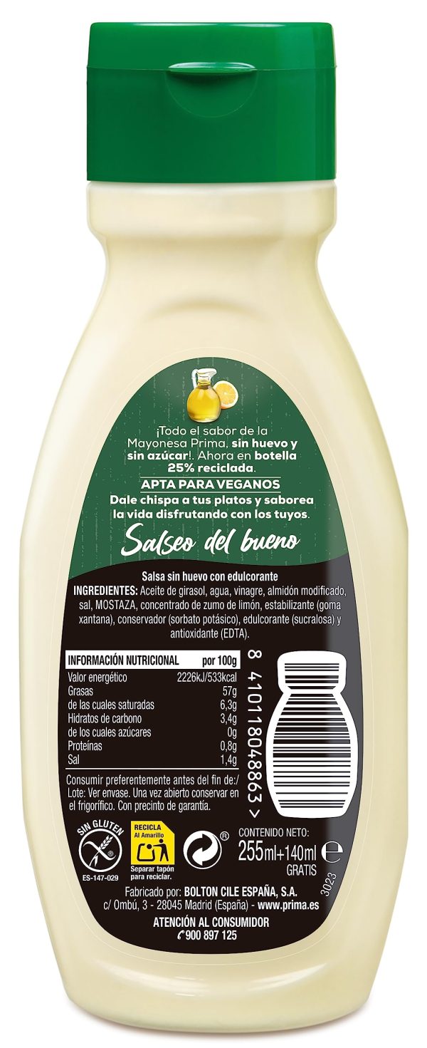 Prima Mayonesa Vegana sin Huevo ni Azúcar - 395ml Totales Embalaje Deteriorado (Cad: 31 03 2025) on Sale