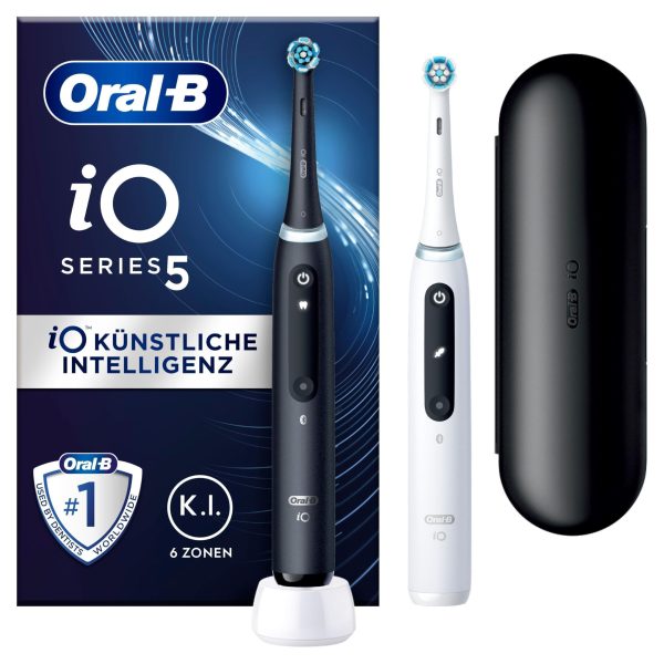 (Falta cepillo negro, Incluye cepillo blanco) - Oral-B iO Series 5 - Cepillo de Dientes Eléctrico con Tecnología Avanzada, Paquete Doble, Blanco Embalaje Deteriorado Sale